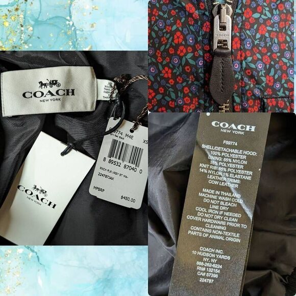 NWT Coach Floral Varsity Bomber Water Resistant Zip Jacket w/ Removable Hood XS - Picture 8 of 8